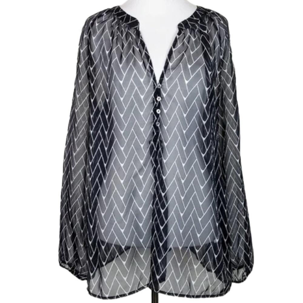 ZOA Sheer Black & White Herringbone Long Billowing Sleeve Blouse ~ Women's Top M